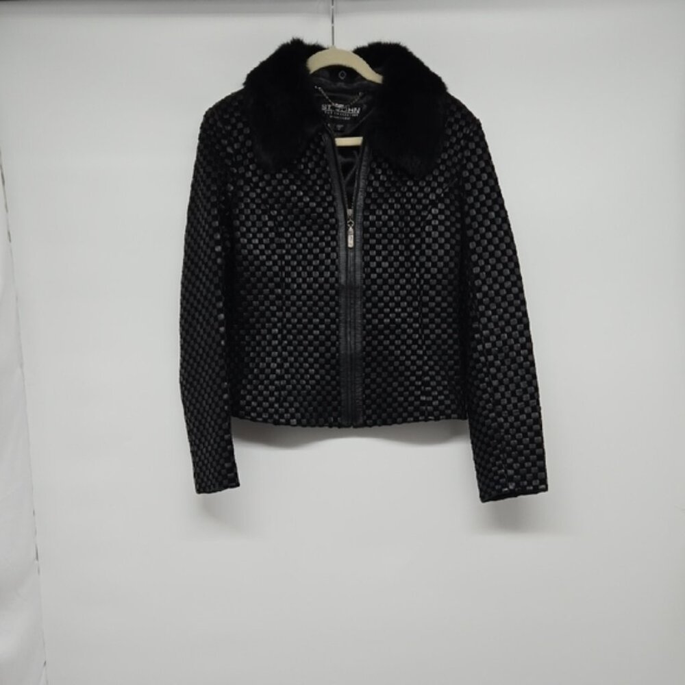 Vintage St. John Black Textured Women's Jacket With Rabbit Fur Collar Zipper M